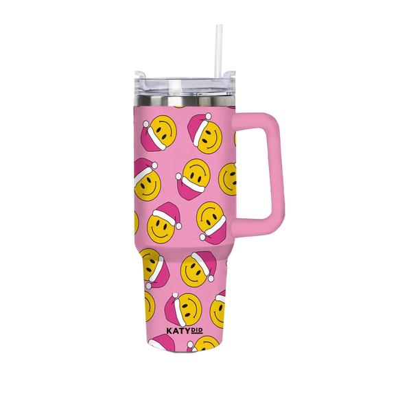 NEW KATYDID happy face santa hats design tumbler in light pink - Picture 1 of 1